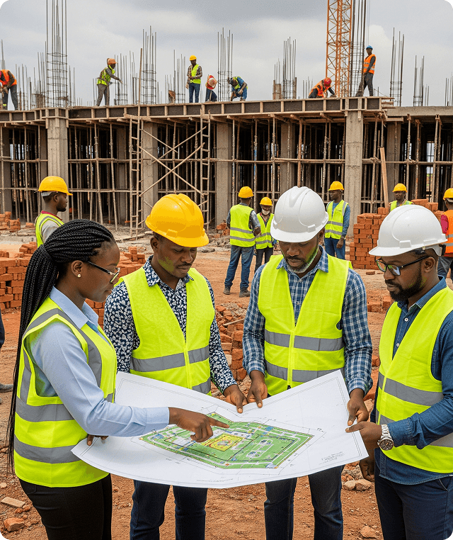 Bright & Co. Constructions workers reviewing plans on a construction site